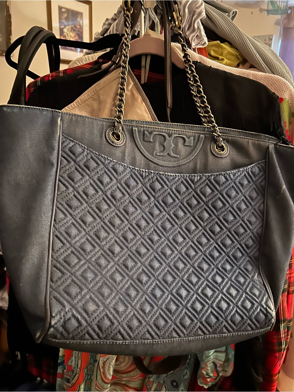 Preloved Tory Burch Denim Thea quilted Tote bag